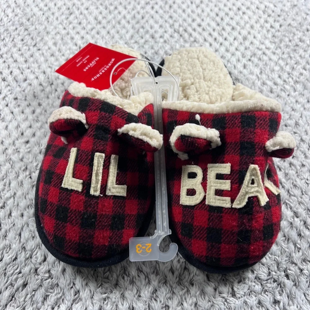 WonderShop Target Kids Lil Bear Buffalo Plaid Sherpa Lined Slippers Size 2-3 NWT